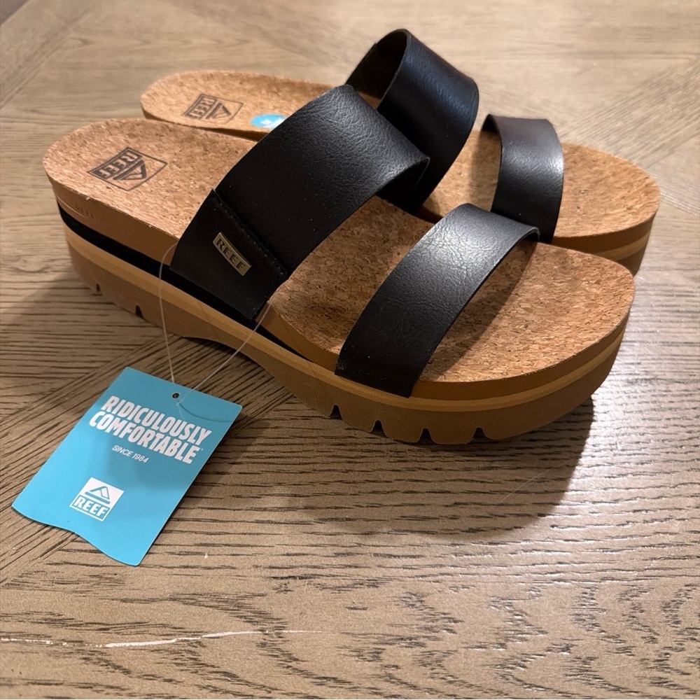 Reef Womens Cushion Vista Higher Platform Summer Slides Sandals Black Size 9